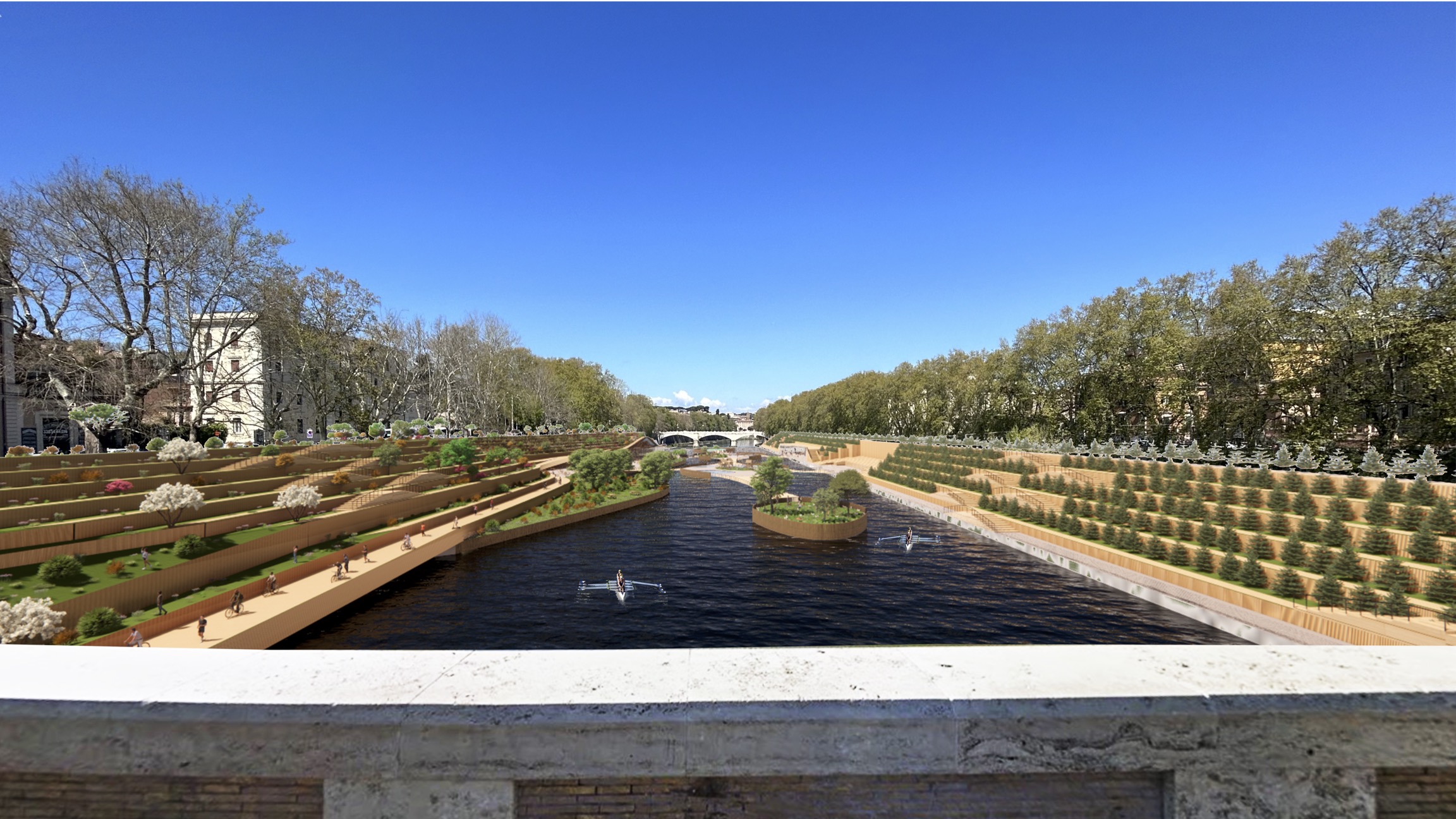 Render of full view from Ponte Sisto bridge towards the terraces.