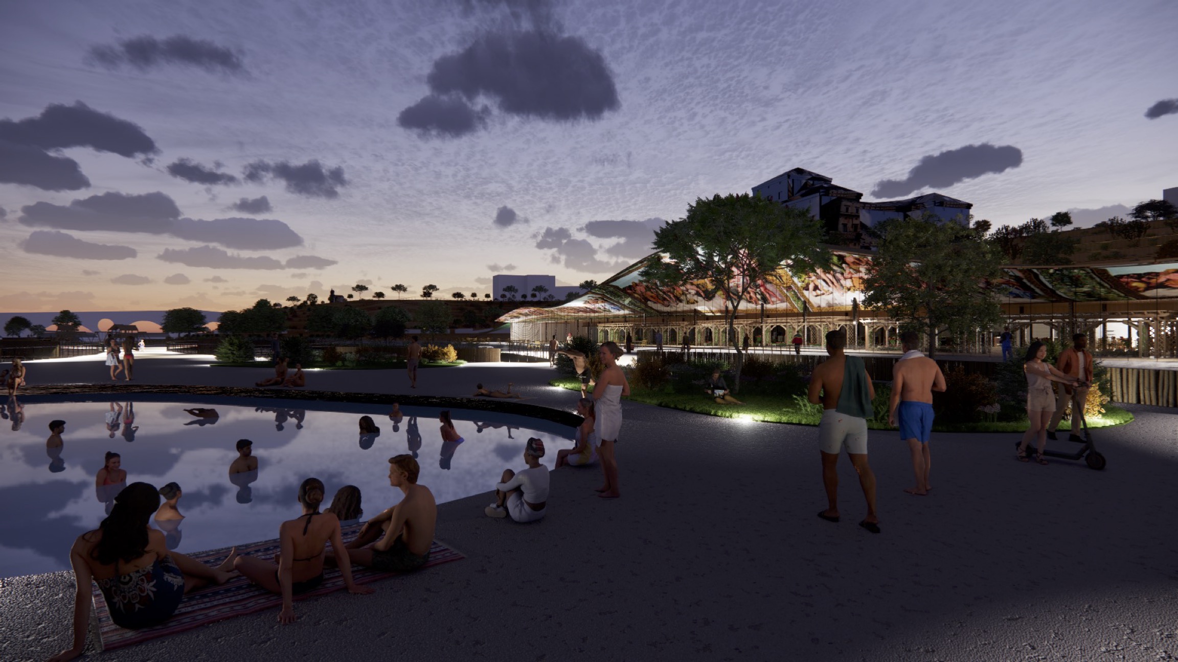 A render of the potential night life on the islands. Visitors are in the pool and the market is in the background.