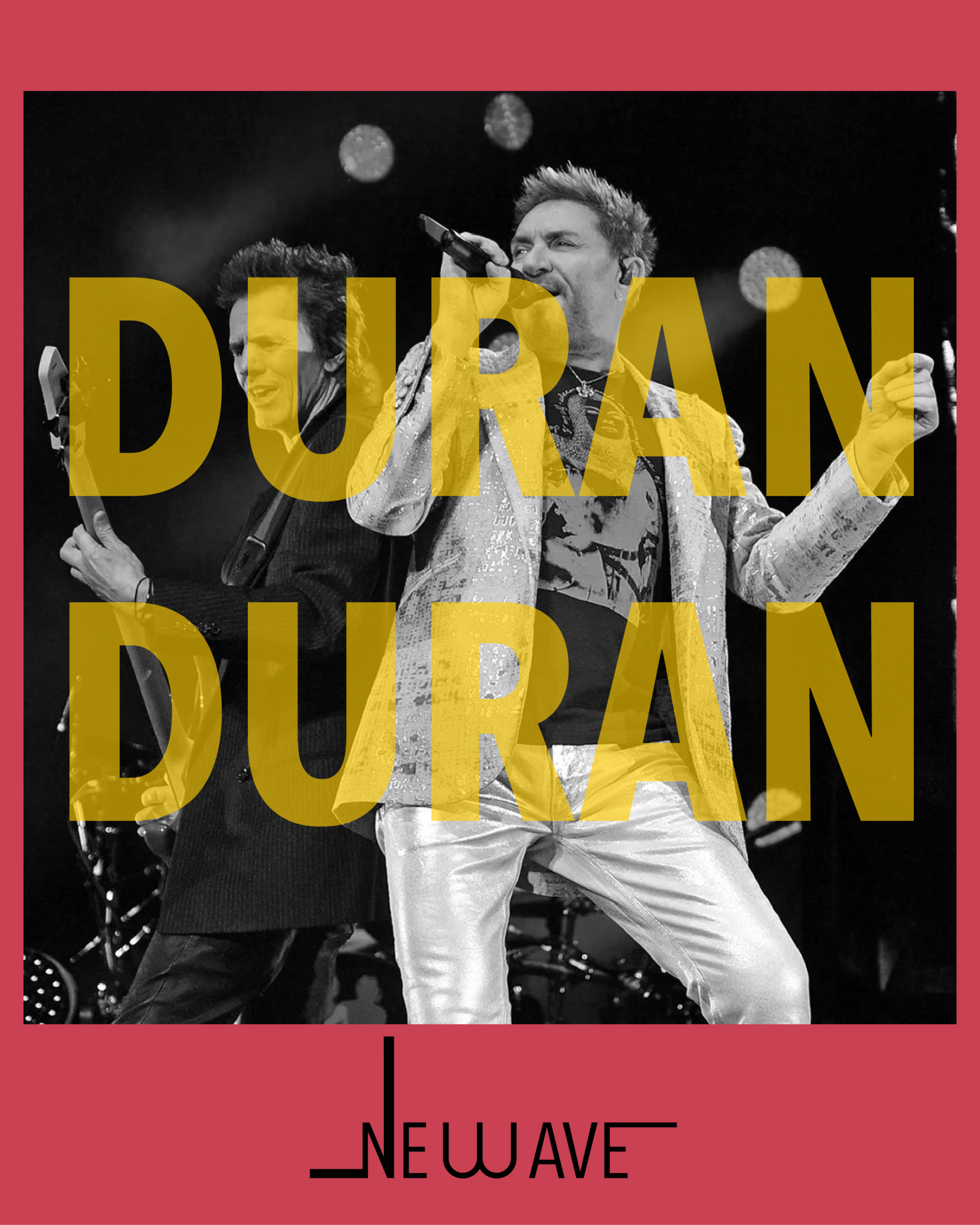 An image of the lead singer of Duran Duran in black and white with a red background and the words Duran Duran over the image.