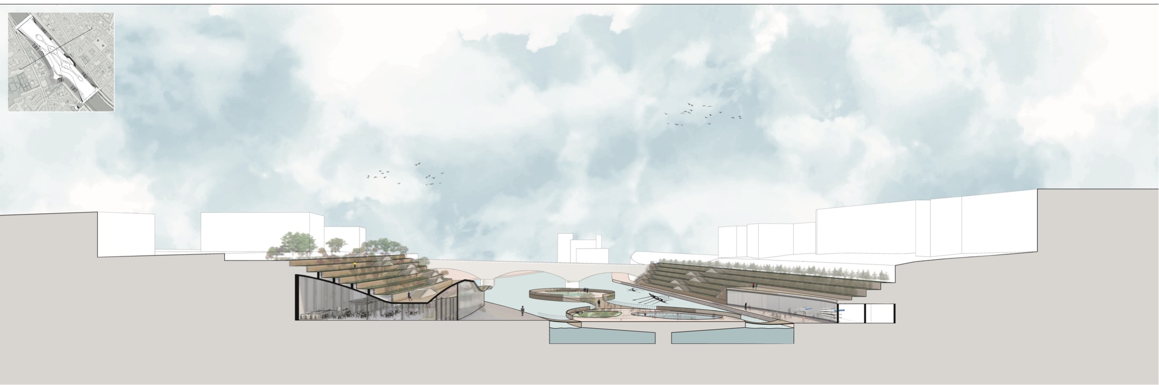 Line drawing section cut of the pool and market area.