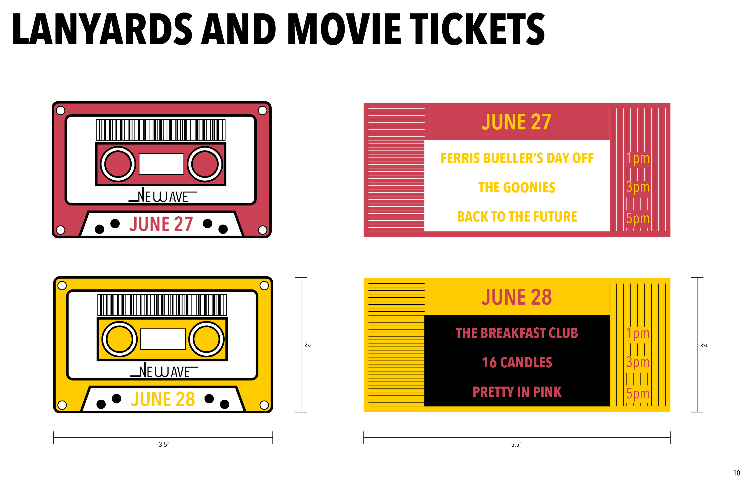 Lanyard and movie ticket designs for festival.