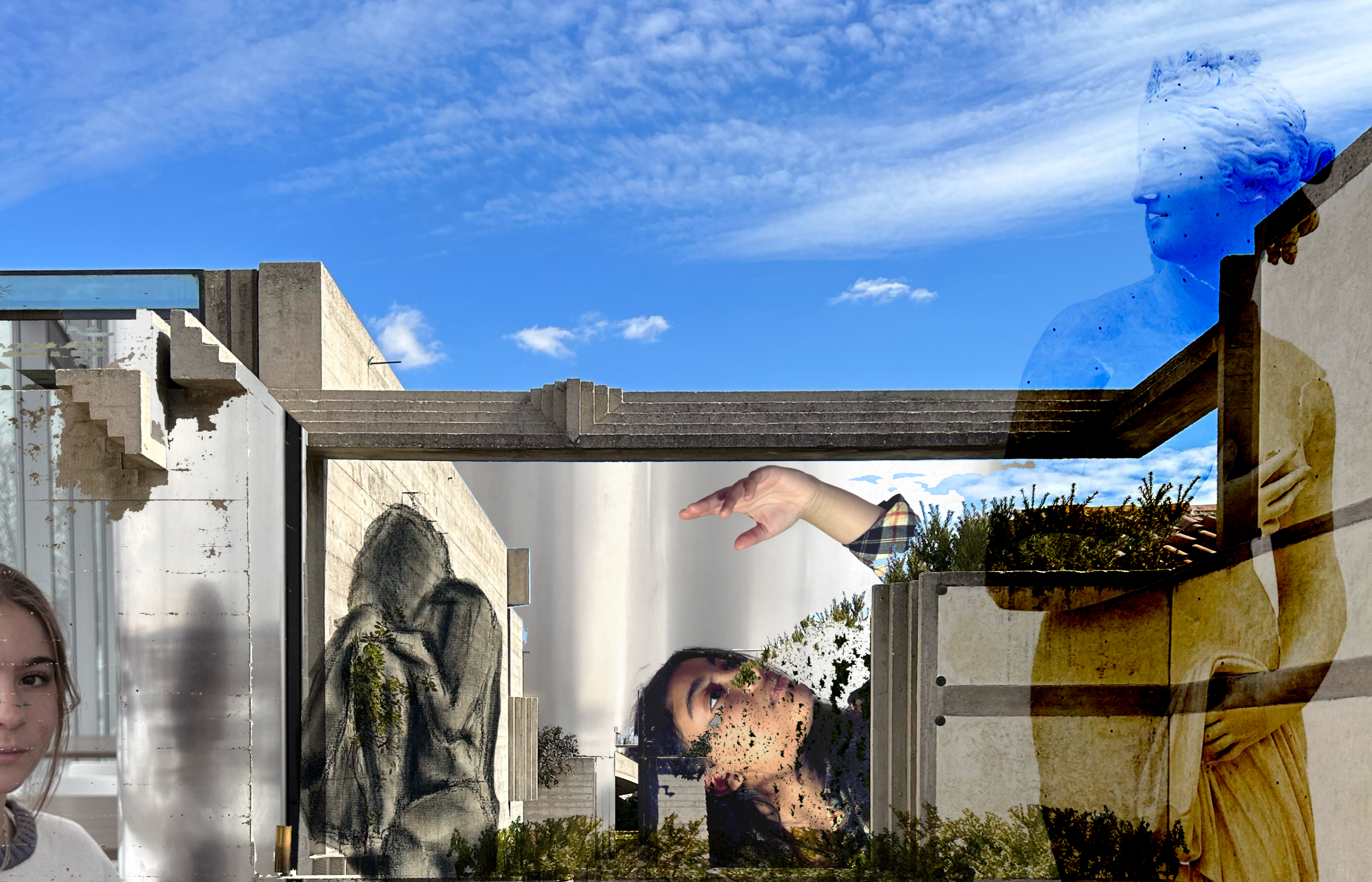 A collage of two women, a drawing, and a sculpture of a woman in front of a concrete wall.