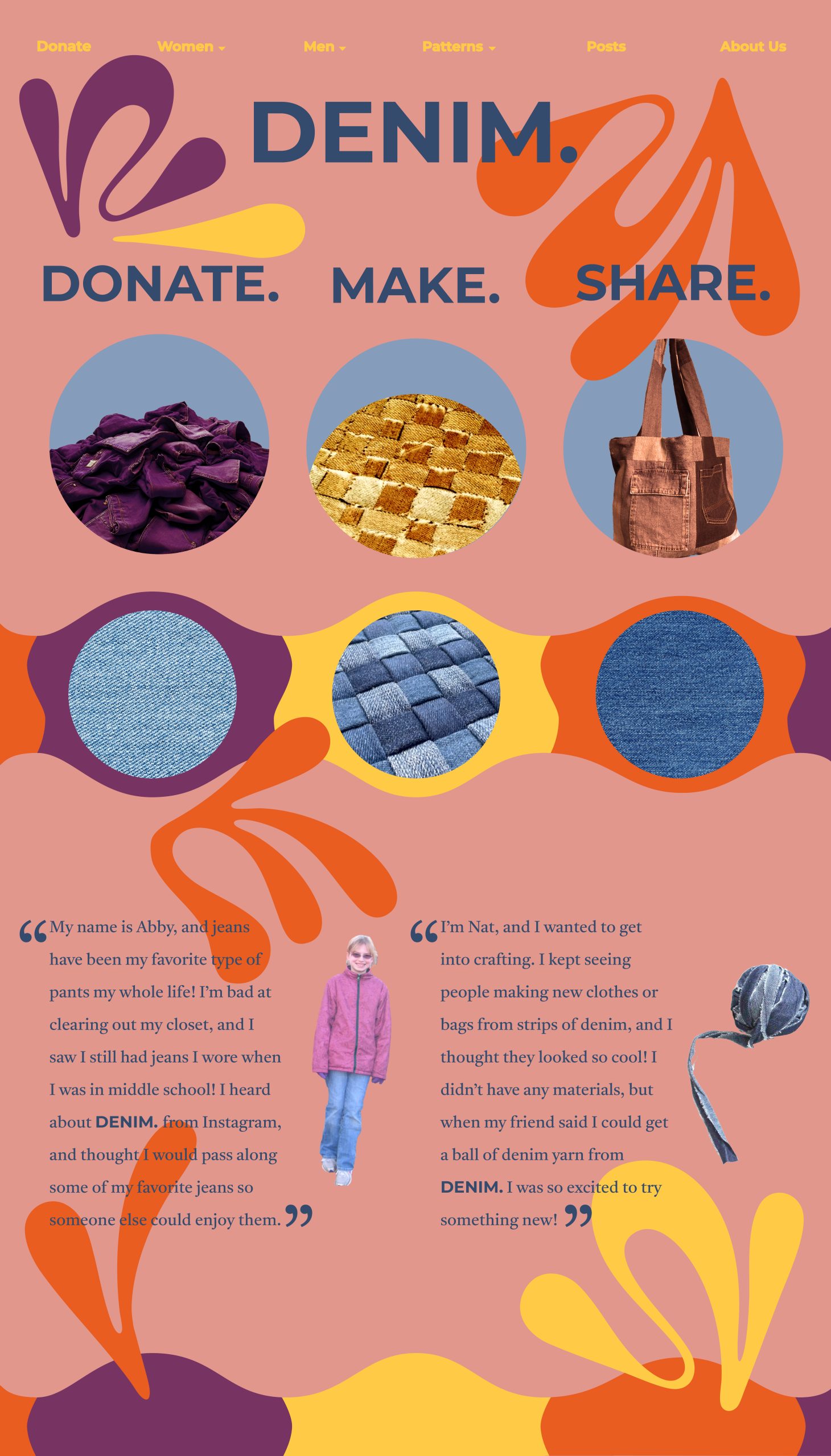Layout for a website called Denim with a pink background and colorful blobs around text.