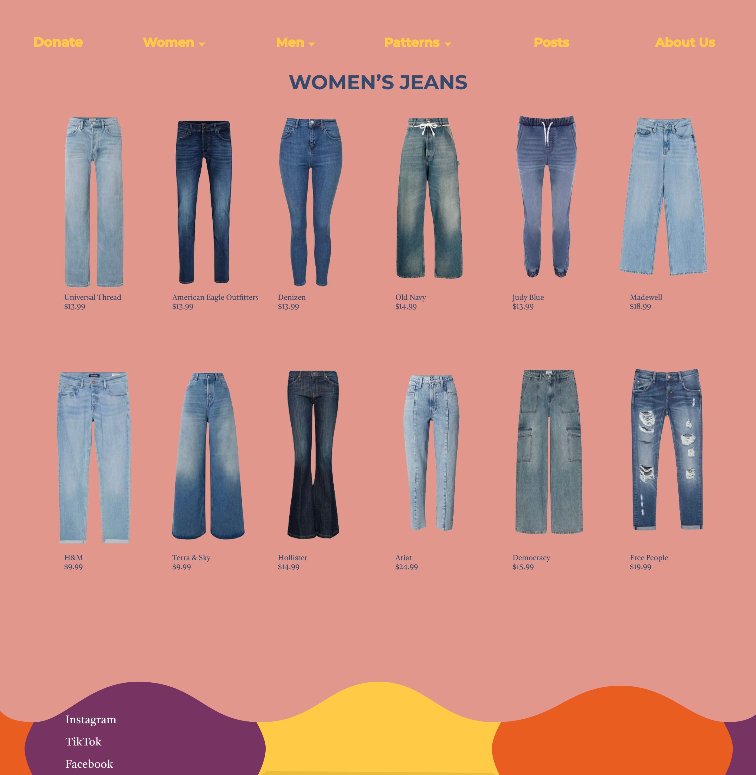 This image is an example of what the site would look like if you were buying jeans as it. There are two rows of different jeans with their brand name and price.