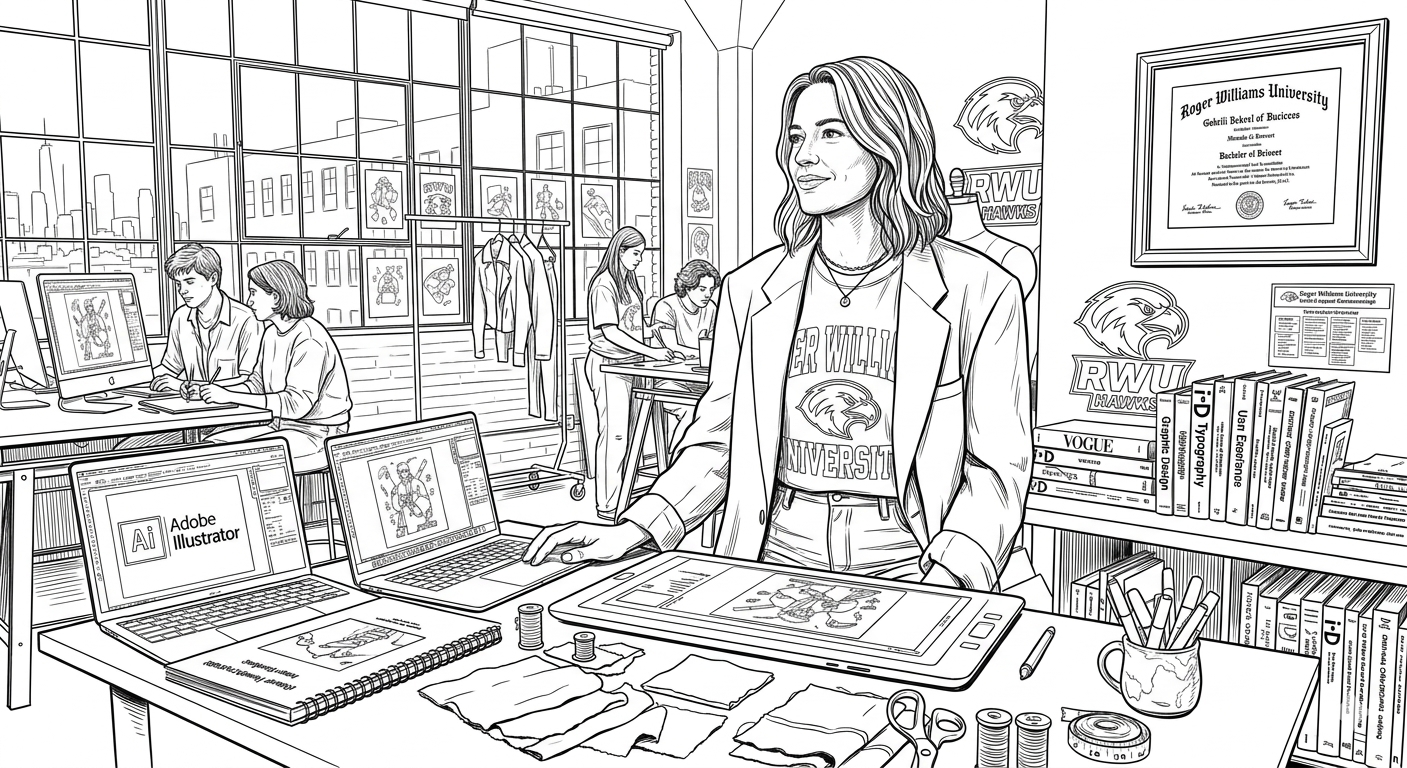 Black and white drawing of a student working on Illustrator.