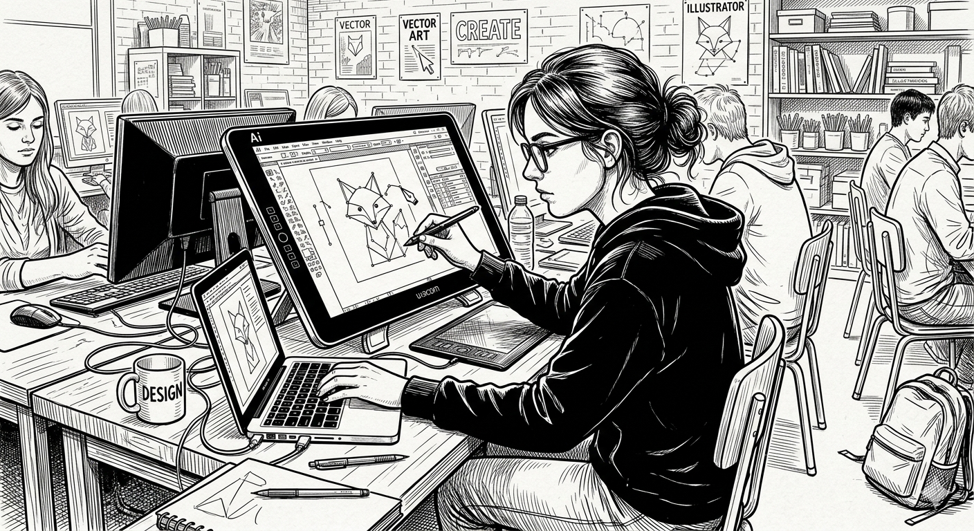 Black and white drawing of a girl sitting at a desk working on illustrator.