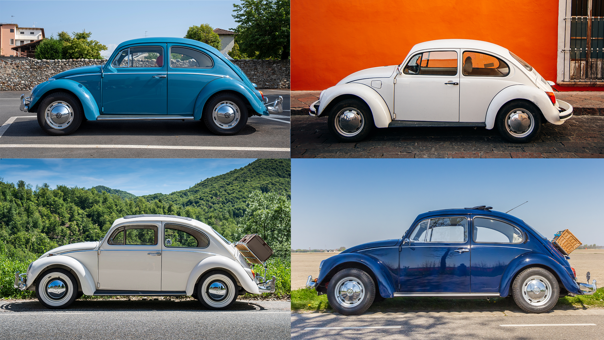 Four Volkswagen beetles.